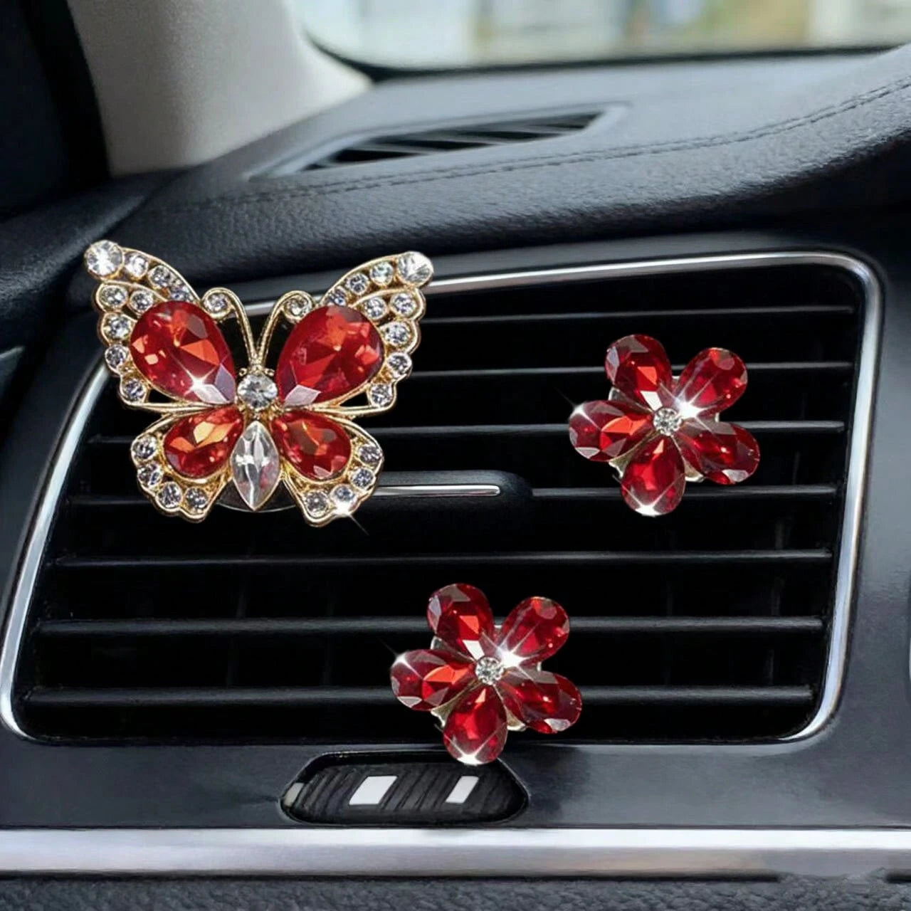 3pcs/Set Gemstone Butterfly Five-Petal Flower Car Air Vent Fragrance Clip Crystal Car Interior Decor Air Conditioning Vent Clip Car Air Freshener