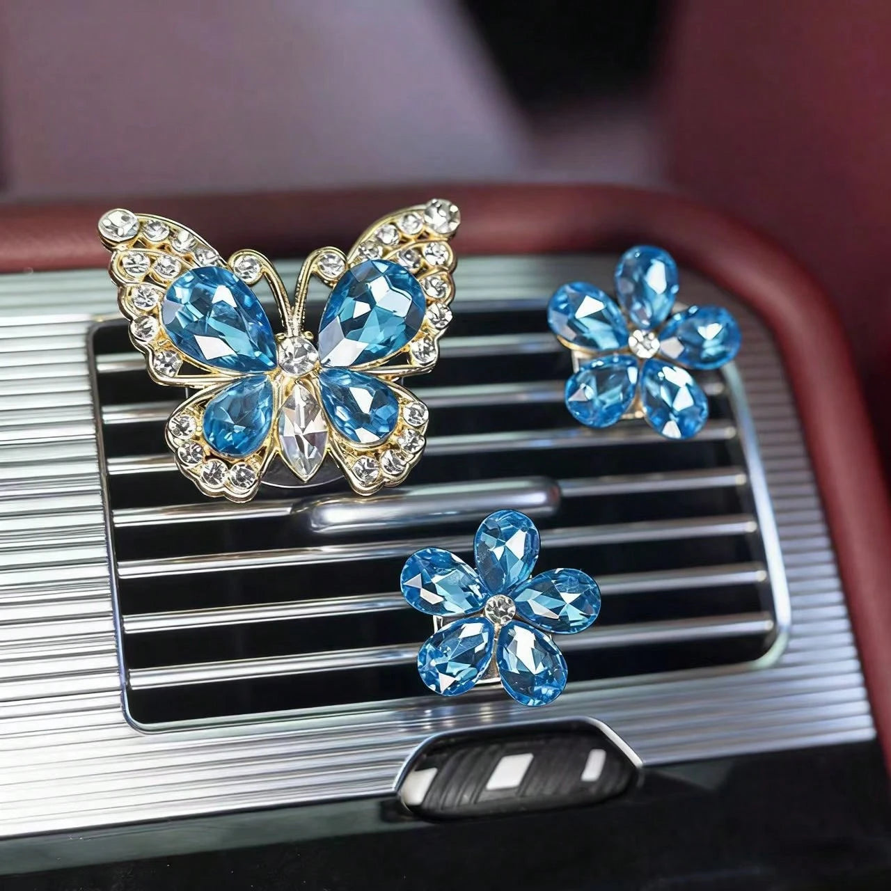 3pcs/Set Gemstone Butterfly Five-Petal Flower Car Air Vent Fragrance Clip Crystal Car Interior Decor Air Conditioning Vent Clip Car Air Freshener