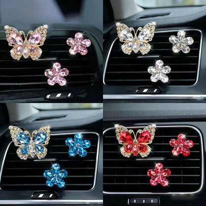 3pcs/Set Gemstone Butterfly Five-Petal Flower Car Air Vent Fragrance Clip Crystal Car Interior Decor Air Conditioning Vent Clip Car Air Freshener
