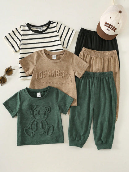 3pcs/Set Toddler Unisex Baby Boy/Girl Casual Cute 3D Embossed Pattern Short Sleeve T-Shirt And Pants Outfit Sets, Baby Boy Summer Clothes