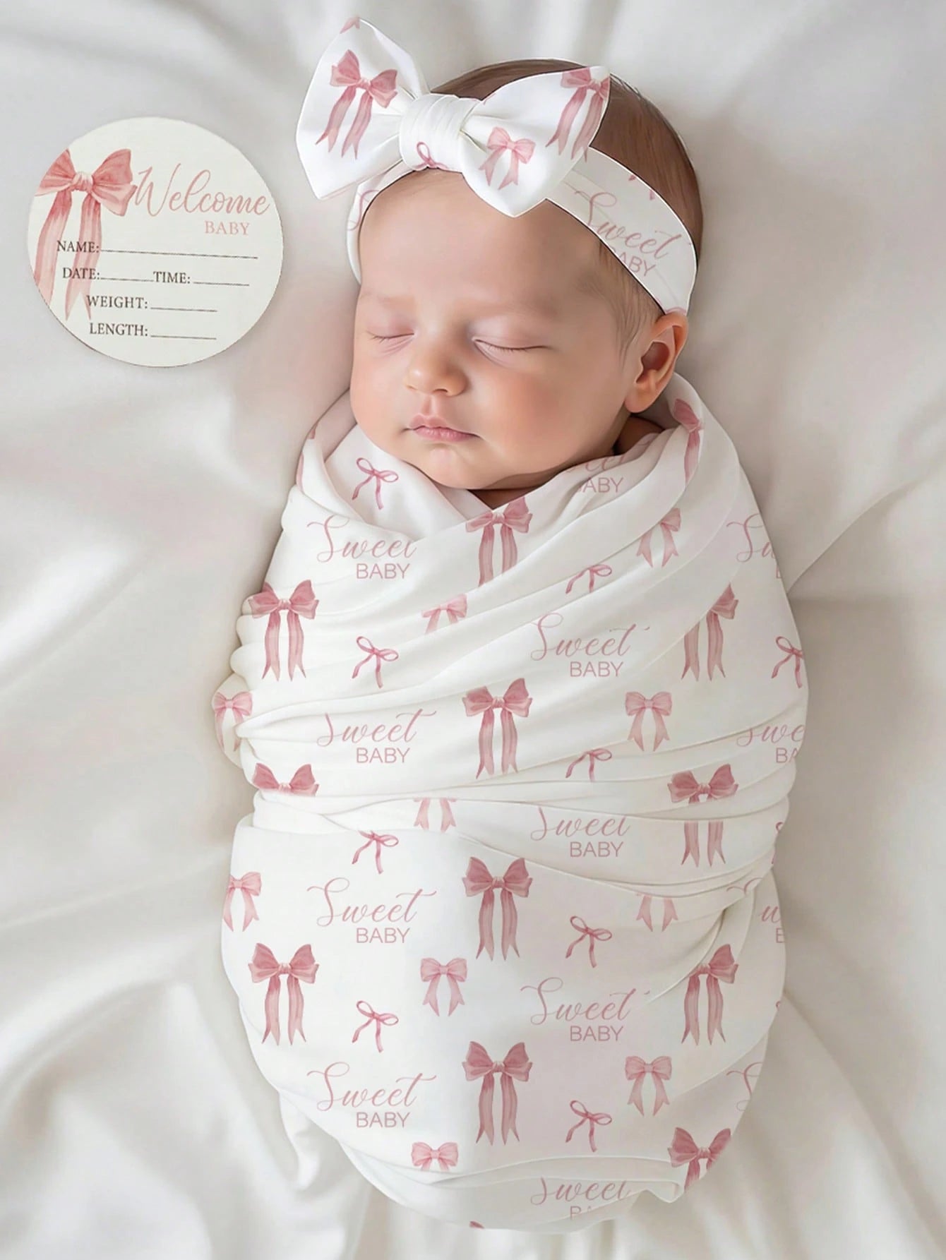 3Pcs Set White With Black Polka Dots Summer Funny Graphic Baby Shower Newborn Swaddle Wrap Headband With Birth Announcement Name Cards Infant Props