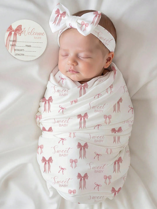 3Pcs Set White With Black Polka Dots Summer Funny Graphic Baby Shower Newborn Swaddle Wrap Headband With Birth Announcement Name Cards Infant Props