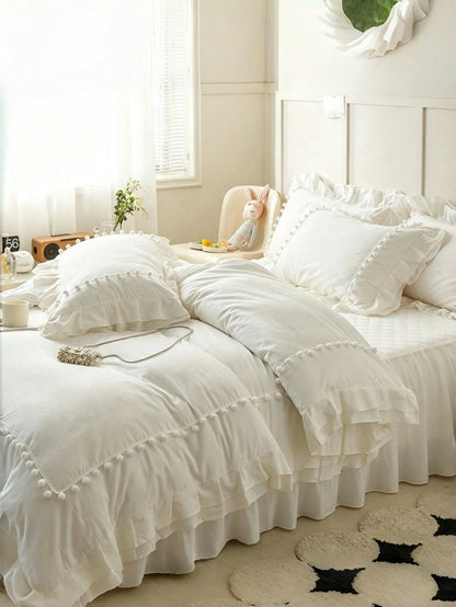 3pcs Soft Skin-Friendly Comfortable White Pom Pom Lace Double Layer Ruffle Bedding Set (1*Duvet Cover + 2*Pillowcases, No Inserts), French Country Style, Lady Style, Girly Style, Bohemian Rustic Style