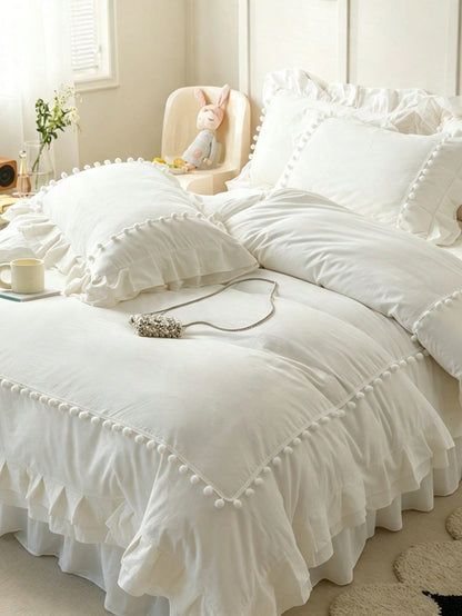 3pcs Soft Skin-Friendly Comfortable White Pom Pom Lace Double Layer Ruffle Bedding Set (1*Duvet Cover + 2*Pillowcases, No Inserts), French Country Style, Lady Style, Girly Style, Bohemian Rustic Style