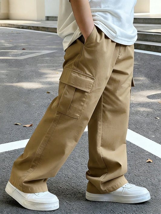 4-7 Years Old Boys' Khaki Loose Wide-Leg Cargo Pants, Multi-Pocket Casual Outdoor Trousers For All Seasons