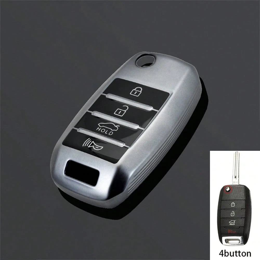 4-Button Gray TPU Car Flip Key Cover Compatible With Kia Soul 2014-2019, Sportage 2015, 2016, 2018, Optima 2017, 2018, Sorento, Forte