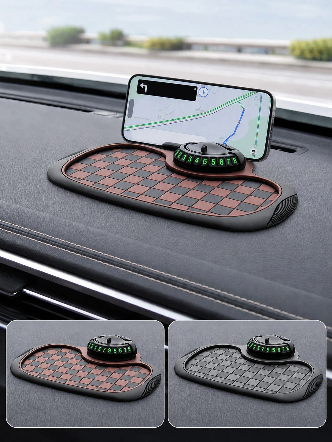 4-In-1 Anti-Slip Car Dashboard Mat, Multi-Function Phone Holder Parking Number Plate Storage Pad, Grid Anti-Slip Car Dashboard Organizer Mat, Car Interior Accessories