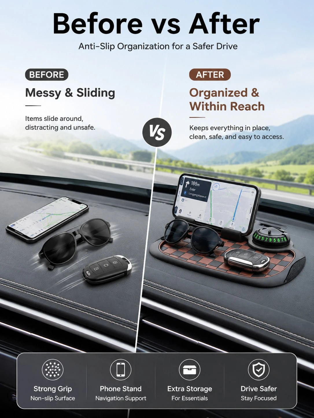 4-In-1 Anti-Slip Car Dashboard Mat, Multi-Function Phone Holder Parking Number Plate Storage Pad, Grid Anti-Slip Car Dashboard Organizer Mat, Car Interior Accessories