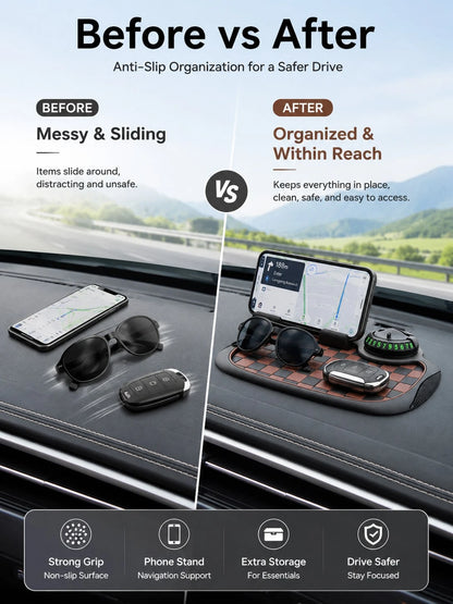 4-In-1 Anti-Slip Car Dashboard Mat, Multi-Function Phone Holder Parking Number Plate Storage Pad, Grid Anti-Slip Car Dashboard Organizer Mat, Car Interior Accessories