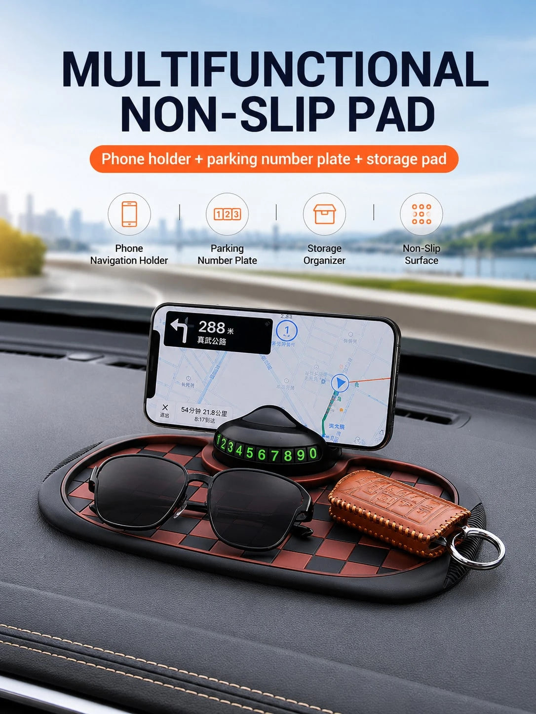 4-In-1 Anti-Slip Car Dashboard Mat, Multi-Function Phone Holder Parking Number Plate Storage Pad, Grid Anti-Slip Car Dashboard Organizer Mat, Car Interior Accessories