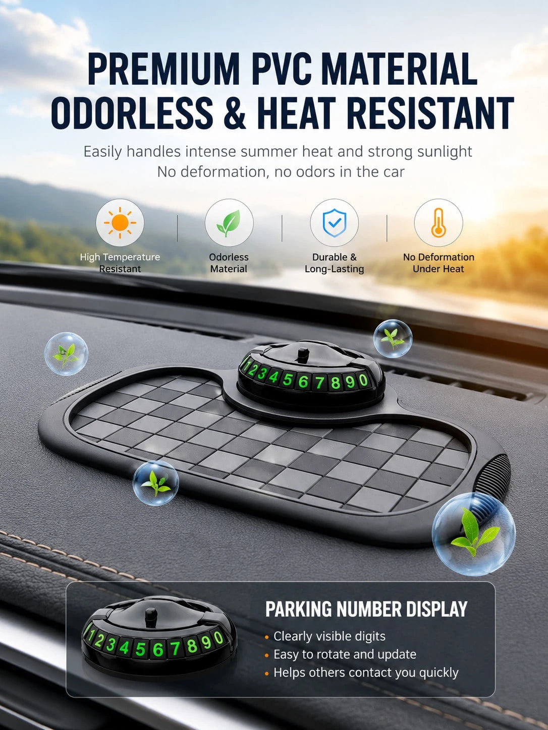 4-In-1 Anti-Slip Car Dashboard Mat, Multi-Function Phone Holder Parking Number Plate Storage Pad, Grid Anti-Slip Car Dashboard Organizer Mat, Car Interior Accessories