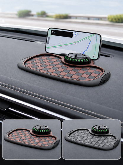 4-In-1 Anti-Slip Car Dashboard Mat, Multi-Function Phone Holder Parking Number Plate Storage Pad, Grid Anti-Slip Car Dashboard Organizer Mat, Car Interior Accessories
