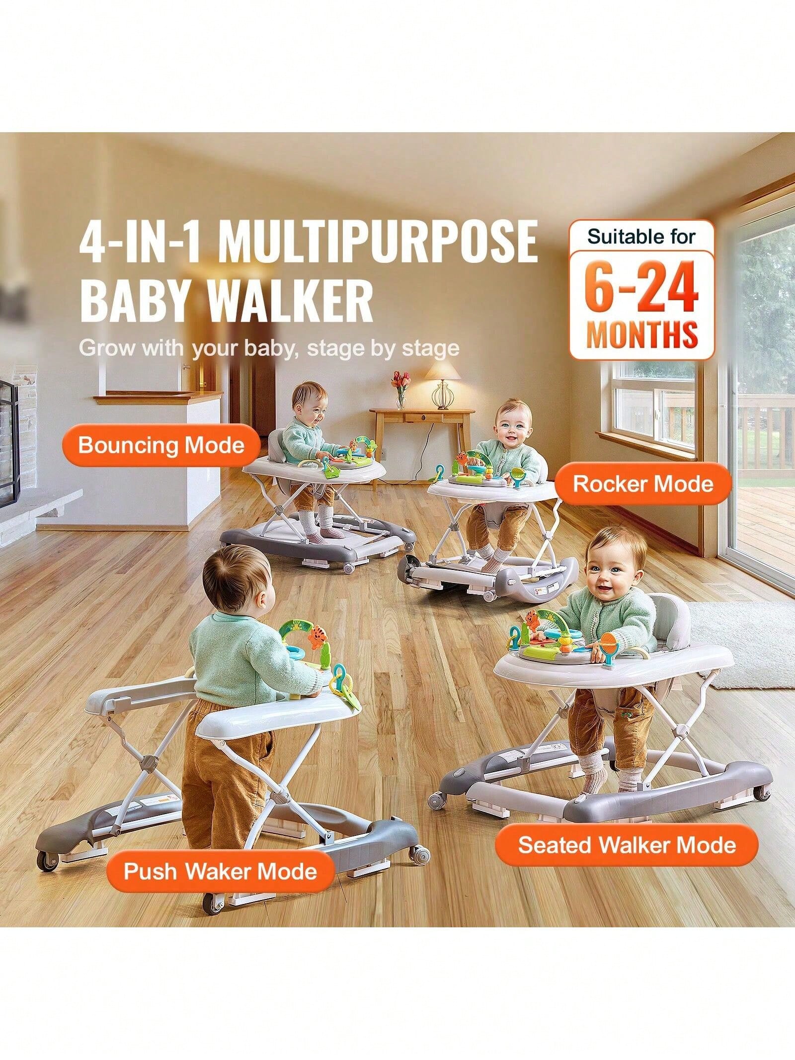 4-In-1 Baby Walker, Foldable Baby Activity Center With Wheels, Adjustable Height, Light, Steering Wheel, Learning-Seated, Walk-Behind, Toy Car, Rocker Toddler Walker For Boys Girls 6-24 Month