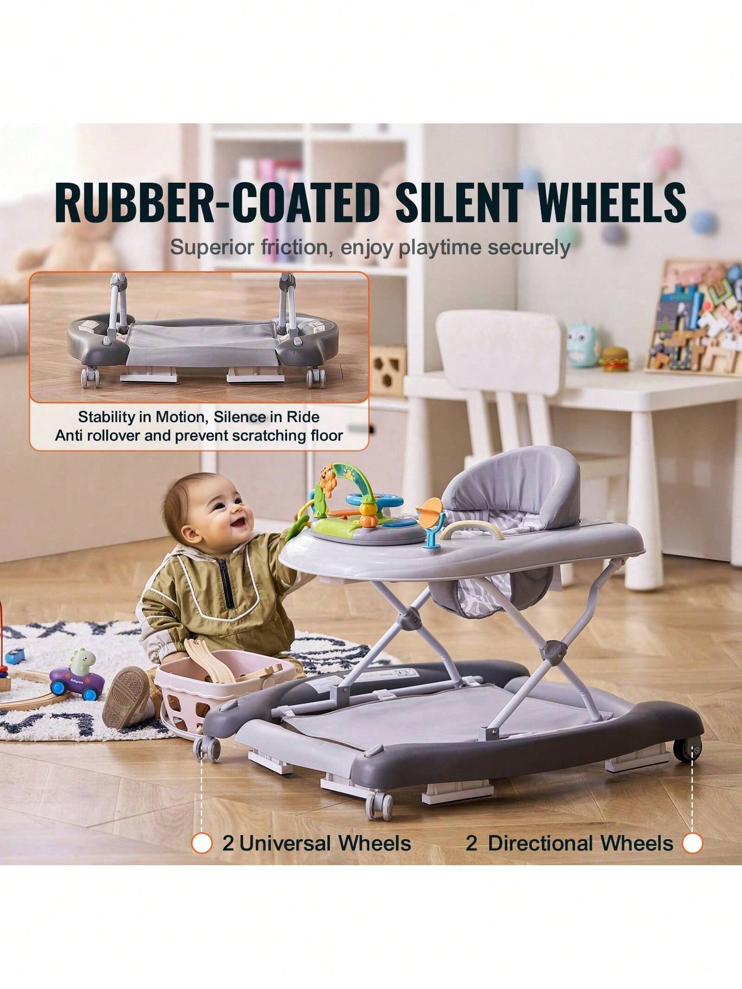 4-In-1 Baby Walker, Foldable Baby Activity Center With Wheels, Adjustable Height, Light, Steering Wheel, Learning-Seated, Walk-Behind, Toy Car, Rocker Toddler Walker For Boys Girls 6-24 Month