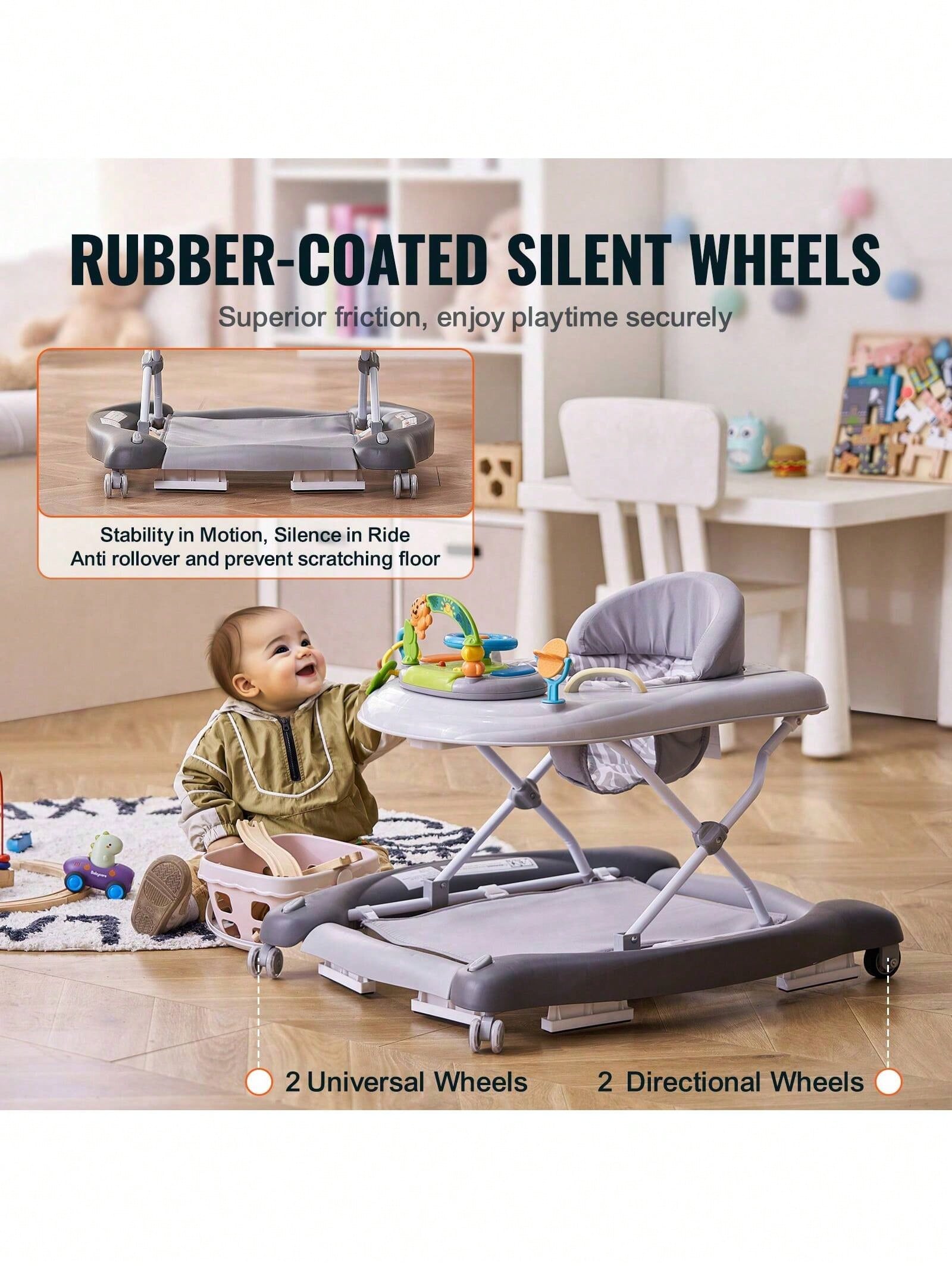 4-In-1 Baby Walker, Foldable Baby Activity Center With Wheels, Adjustable Height, Light, Steering Wheel, Learning-Seated, Walk-Behind, Toy Car, Rocker Toddler Walker For Boys Girls 6-24 Month