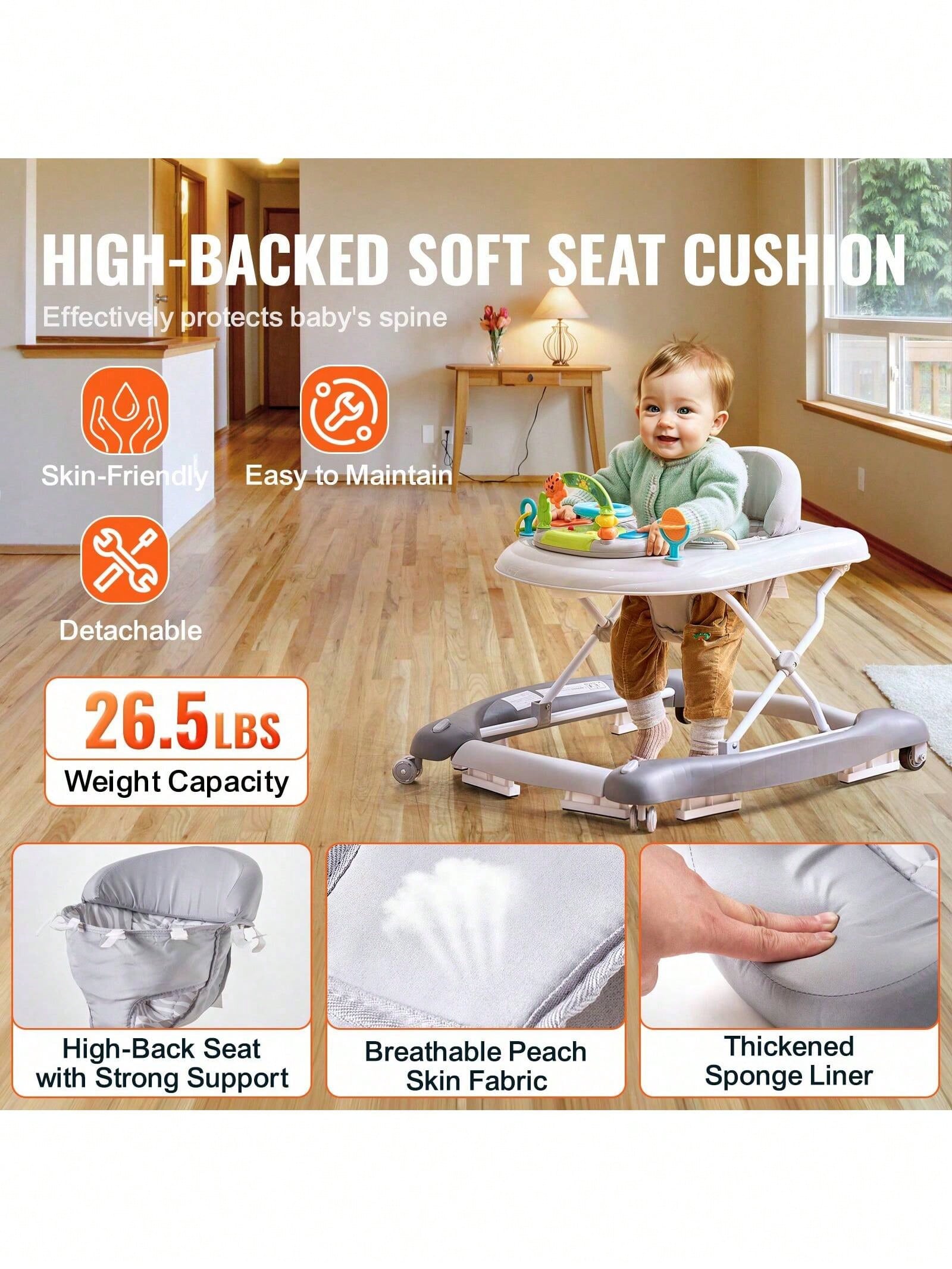 4-In-1 Baby Walker, Foldable Baby Activity Center With Wheels, Adjustable Height, Light, Steering Wheel, Learning-Seated, Walk-Behind, Toy Car, Rocker Toddler Walker For Boys Girls 6-24 Month