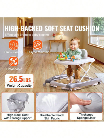 4-In-1 Baby Walker, Foldable Baby Activity Center With Wheels, Adjustable Height, Light, Steering Wheel, Learning-Seated, Walk-Behind, Toy Car, Rocker Toddler Walker For Boys Girls 6-24 Month