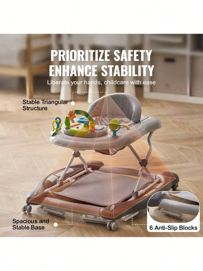 4-In-1 Baby Walker, Foldable Baby Activity Center With Wheels, Adjustable Height, Light, Steering Wheel, Learning-Seated, Walk-Behind, Toy Car, Rocker Toddler Walker For Boys Girls 6-24 Month