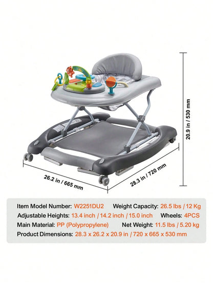 4-In-1 Baby Walker, Foldable Baby Activity Center With Wheels, Adjustable Height, Light, Steering Wheel, Learning-Seated, Walk-Behind, Toy Car, Rocker Toddler Walker For Boys Girls 6-24 Month