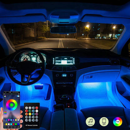 4-In-1 RGB Car Interior Footrest Decorative Light Strip, Neon Atmosphere Light, App + Remote Control, Music Sync Color Change, Party Atmosphere Effect, Suitable For Car/Truck/SUV Installation, Automot