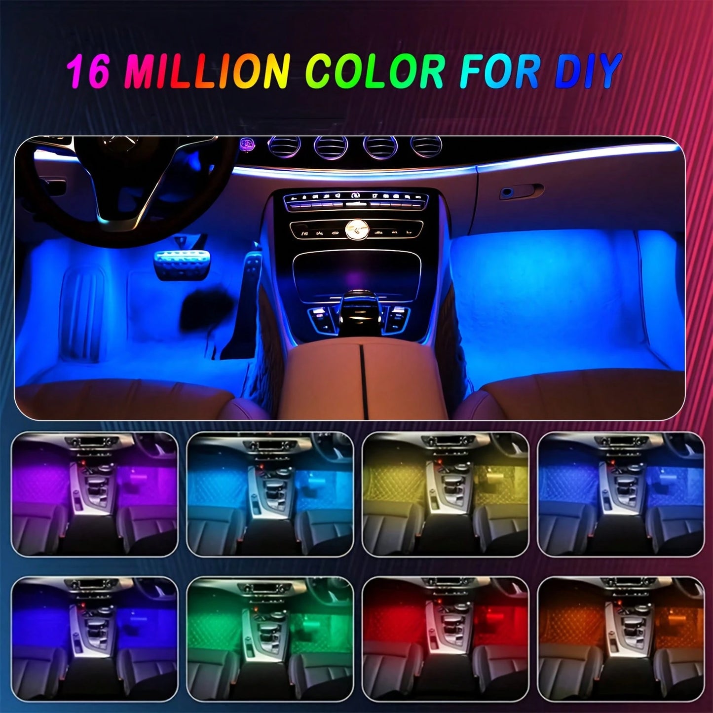 4-In-1 RGB Car Interior Footrest Decorative Light Strip, Neon Atmosphere Light, App + Remote Control, Music Sync Color Change, Party Atmosphere Effect, Suitable For Car/Truck/SUV Installation, Automot