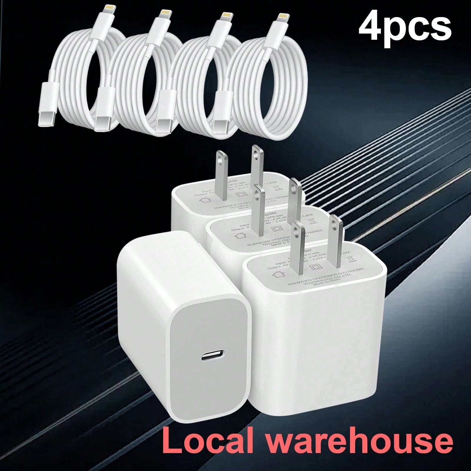 4-Pack Type C Fast Charger Kit: USB C Charger (Charging Block) + 4ft Lightning Cable – Compatible With Mobile Phones & IPa| Local Warehouse Fast Delivery