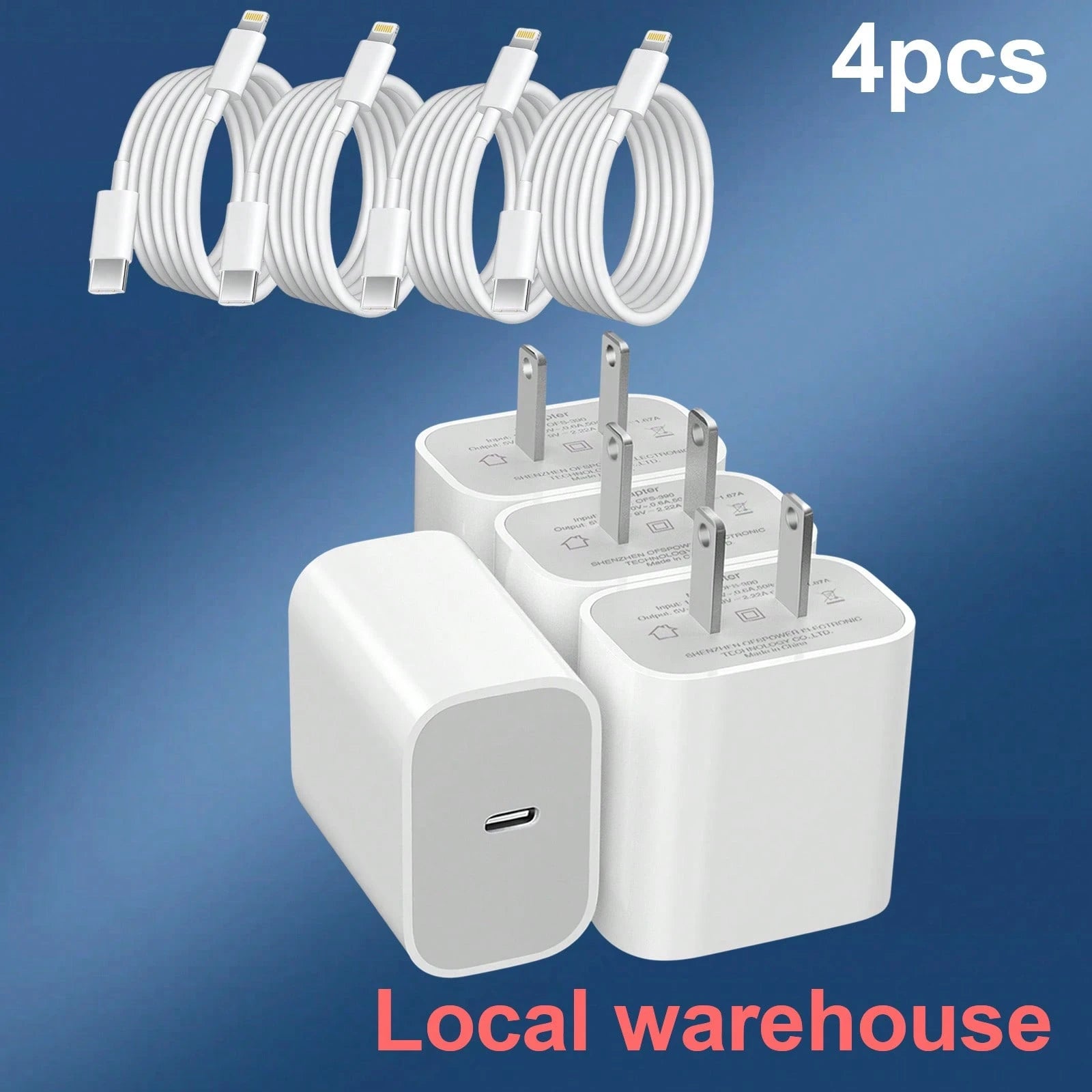 4-Pack Type C Fast Charger Kit: USB C Charger (Charging Block) + 4ft Lightning Cable – Compatible With Mobile Phones & IPa| Local Warehouse Fast Delivery