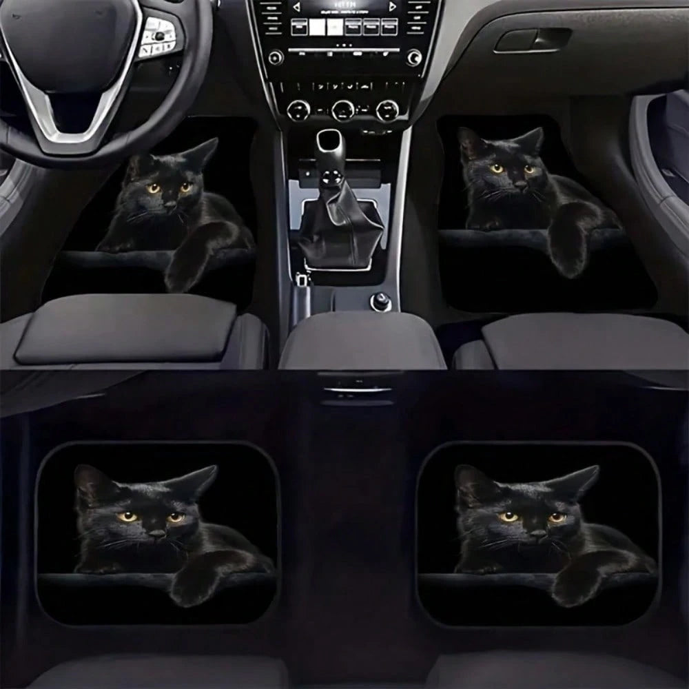 4-Piece Black Cat Print Car Seat Covers, Universal Fit For Multiple Car Models, Suitable For All Seasons, Easy To Clean, Fashionable And Minimalist