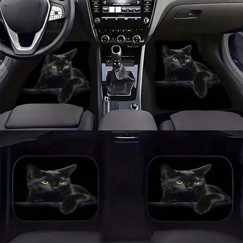 4-Piece Black Cat Print Car Seat Covers, Universal Fit For Multiple Car Models, Suitable For All Seasons, Easy To Clean, Fashionable And Minimalist