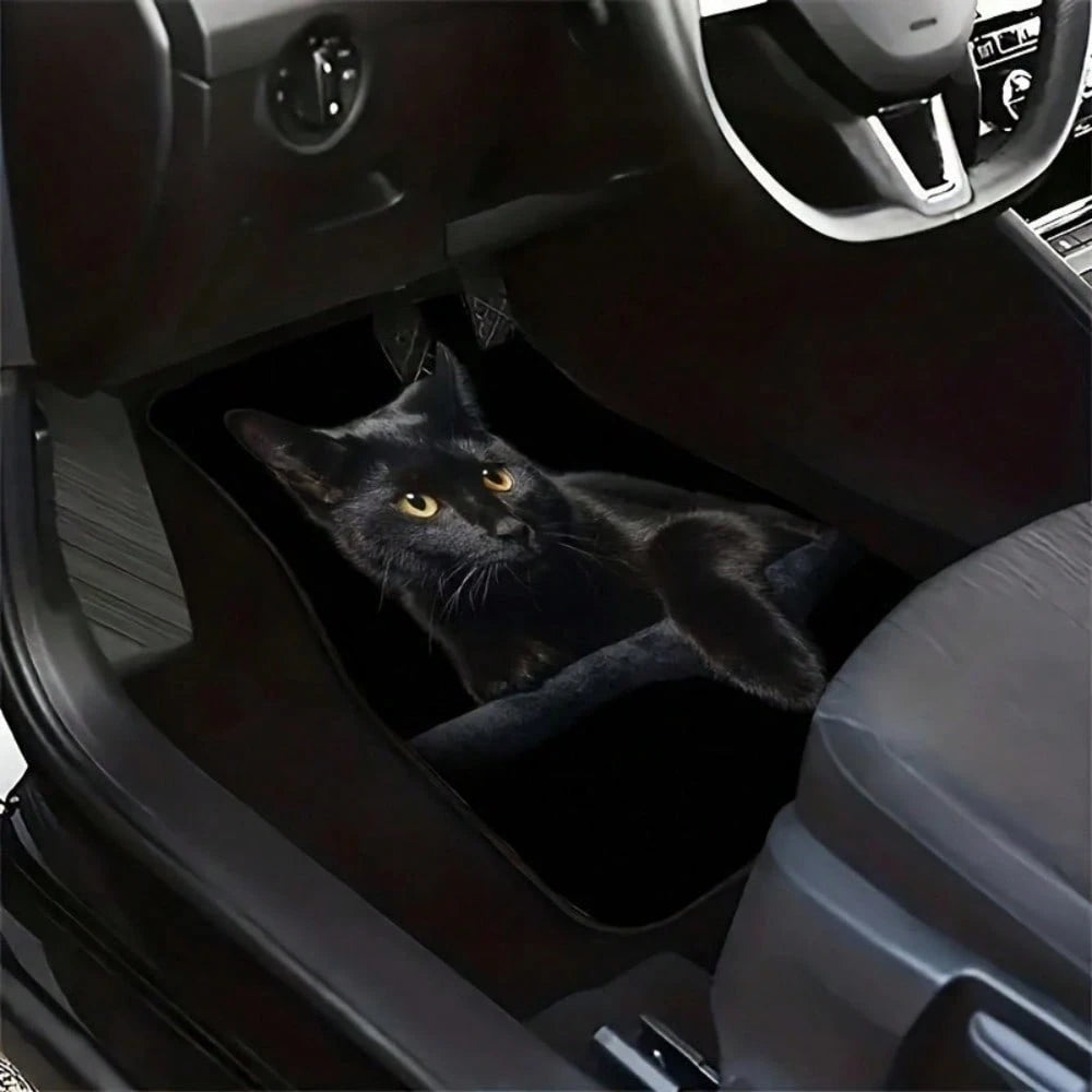 4-Piece Black Cat Print Car Seat Covers, Universal Fit For Multiple Car Models, Suitable For All Seasons, Easy To Clean, Fashionable And Minimalist
