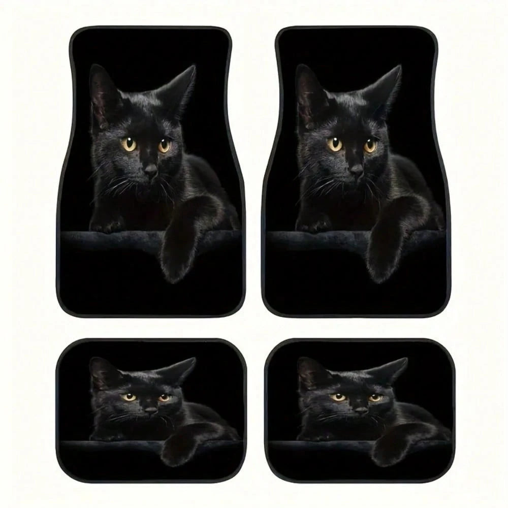 4-Piece Black Cat Print Car Seat Covers, Universal Fit For Multiple Car Models, Suitable For All Seasons, Easy To Clean, Fashionable And Minimalist