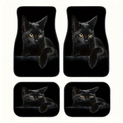 4-Piece Black Cat Print Car Seat Covers, Universal Fit For Multiple Car Models, Suitable For All Seasons, Easy To Clean, Fashionable And Minimalist