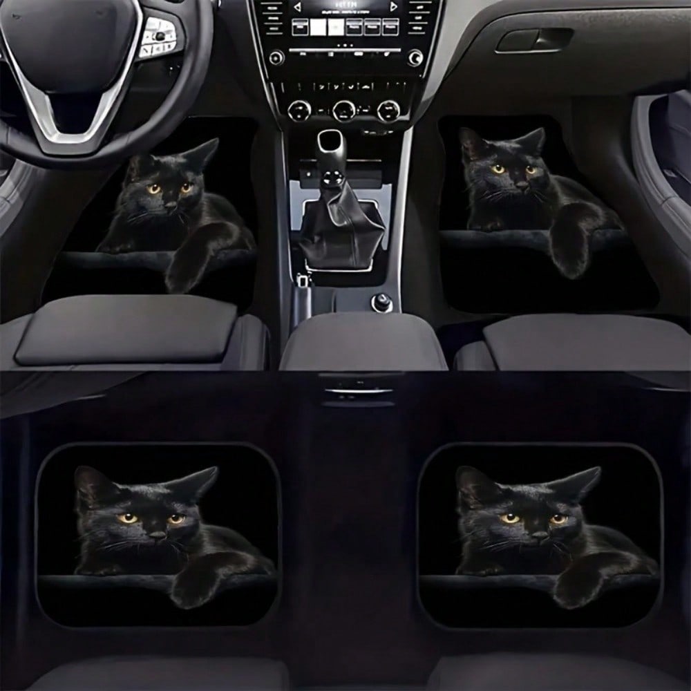 4-Piece Black Cat Print Car Seat Covers, Universal Fit For Multiple Car Models, Suitable For All Seasons, Easy To Clean, Fashionable And Minimalist