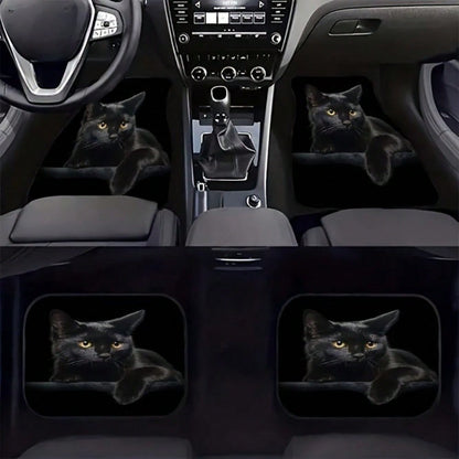 4-Piece Black Cat Print Car Seat Covers, Universal Fit For Multiple Car Models, Suitable For All Seasons, Easy To Clean, Fashionable And Minimalist