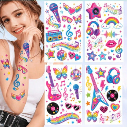 4 Sheets Music Theme Party Temporary Tattoo Stickers, Waterproof Musical Note Guitar Star Heart Face Tattoo Stickers, Personalized Body Art, Suitable For Fingers Arms Collarbone, Concert Festival Deco