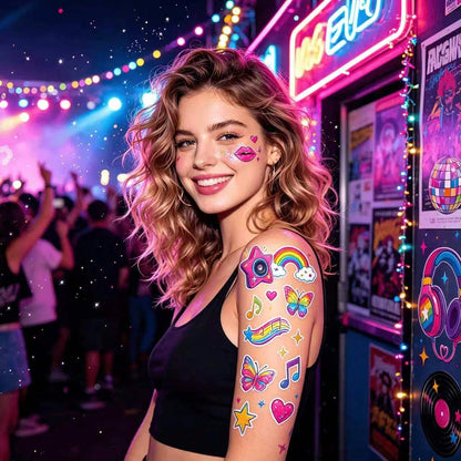 4 Sheets Music Theme Party Temporary Tattoo Stickers, Waterproof Musical Note Guitar Star Heart Face Tattoo Stickers, Personalized Body Art, Suitable For Fingers Arms Collarbone, Concert Festival Deco