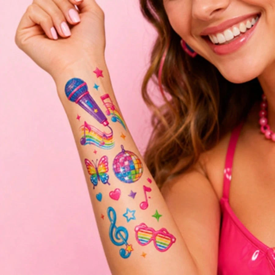 4 Sheets Music Theme Party Temporary Tattoo Stickers, Waterproof Musical Note Guitar Star Heart Face Tattoo Stickers, Personalized Body Art, Suitable For Fingers Arms Collarbone, Concert Festival Deco
