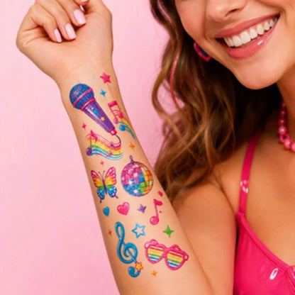4 Sheets Music Theme Party Temporary Tattoo Stickers, Waterproof Musical Note Guitar Star Heart Face Tattoo Stickers, Personalized Body Art, Suitable For Fingers Arms Collarbone, Concert Festival Deco