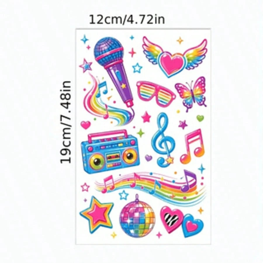 4 Sheets Music Theme Party Temporary Tattoo Stickers, Waterproof Musical Note Guitar Star Heart Face Tattoo Stickers, Personalized Body Art, Suitable For Fingers Arms Collarbone, Concert Festival Deco
