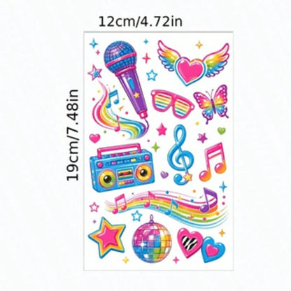 4 Sheets Music Theme Party Temporary Tattoo Stickers, Waterproof Musical Note Guitar Star Heart Face Tattoo Stickers, Personalized Body Art, Suitable For Fingers Arms Collarbone, Concert Festival Deco