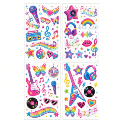4 Sheets Music Theme Party Temporary Tattoo Stickers, Waterproof Musical Note Guitar Star Heart Face Tattoo Stickers, Personalized Body Art, Suitable For Fingers Arms Collarbone, Concert Festival Deco