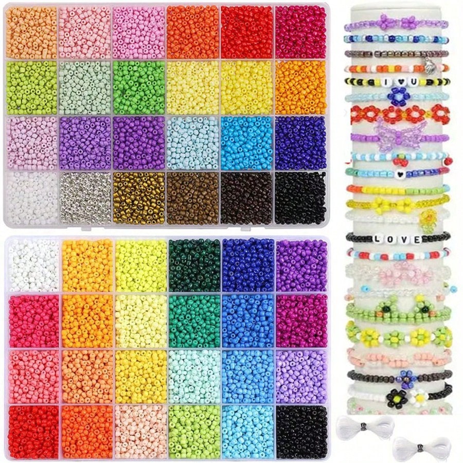 4800/9600pcs Set/500pcs Loose Beads 3mm Seed Beads Jewelry Making Kit, For DIY Earrings, Bracelets, Rings, Necklaces, Gifts, Crafts, Making (Random Color)