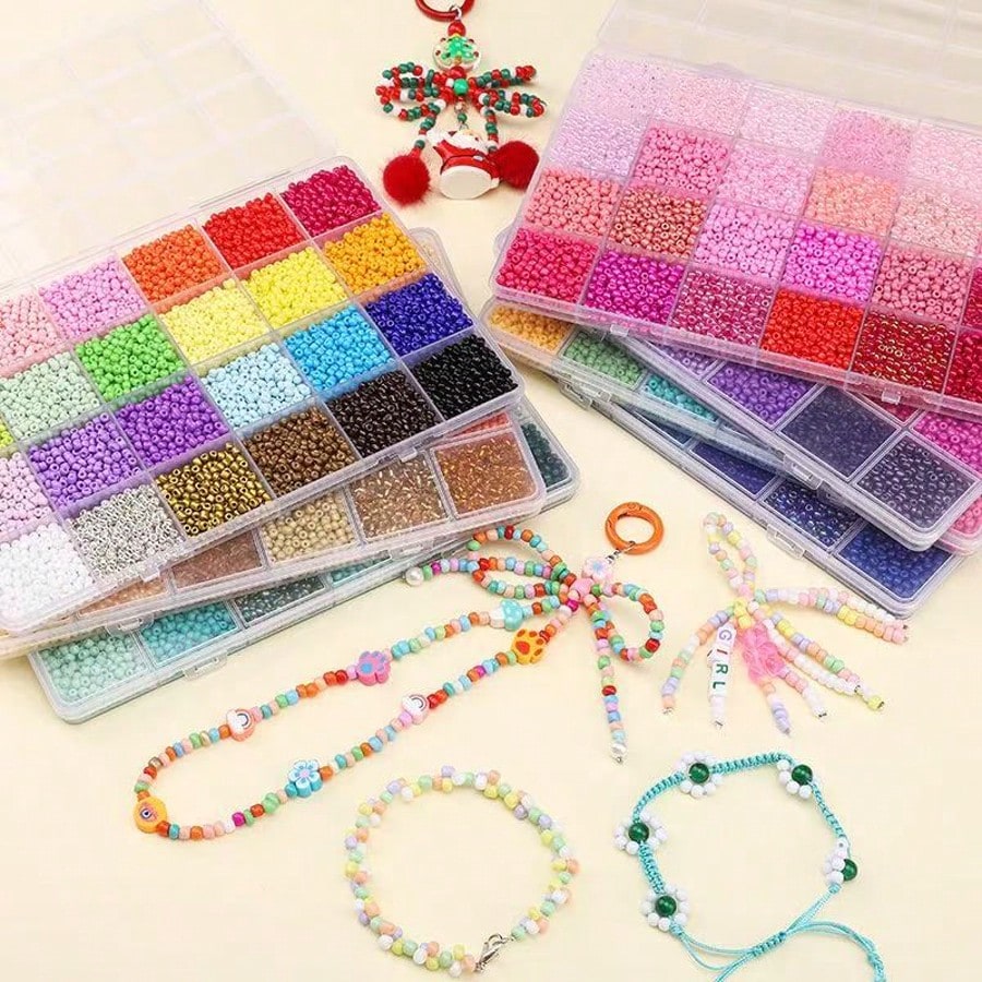 4800/9600pcs Set/500pcs Loose Beads 3mm Seed Beads Jewelry Making Kit, For DIY Earrings, Bracelets, Rings, Necklaces, Gifts, Crafts, Making (Random Color)