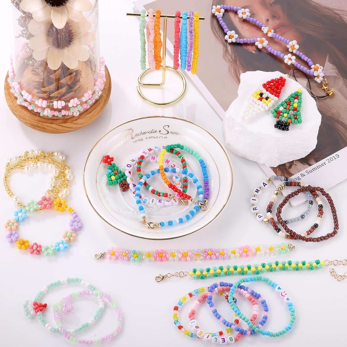 4800/9600pcs Set/500pcs Loose Beads 3mm Seed Beads Jewelry Making Kit, For DIY Earrings, Bracelets, Rings, Necklaces, Gifts, Crafts, Making (Random Color)
