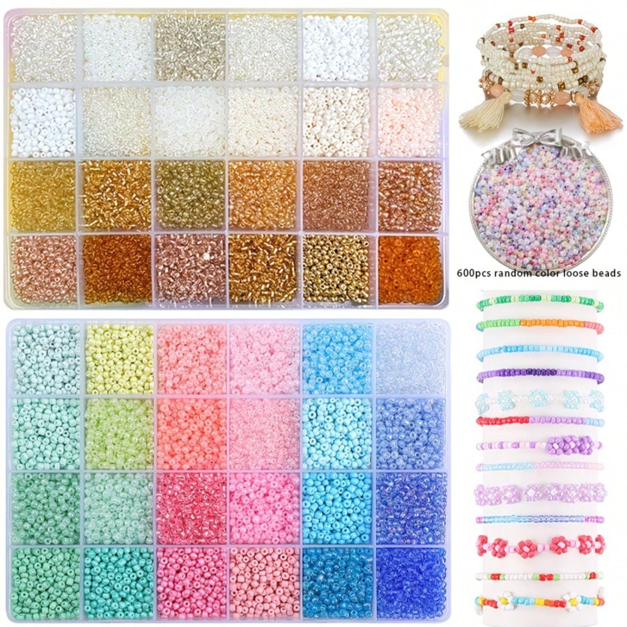 4800/9600pcs Set/500pcs Loose Beads 3mm Seed Beads Jewelry Making Kit, For DIY Earrings, Bracelets, Rings, Necklaces, Gifts, Crafts, Making (Random Color)