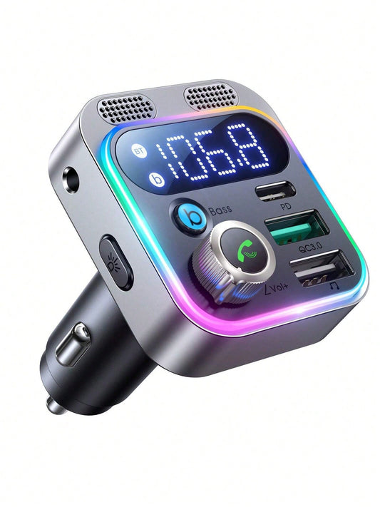 48W Bluetooth Adapter Auto, Bass Hi-Fi Stereo, FM Transmitter Auto Bluetooth 5.0, 30W PD/ 18W QC & Freisprecheinrichtung, Doppelmikrofon & LED-Licht, Bluetooth, AUX & U-Disk-Anschluss