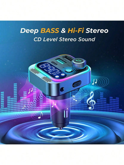 48W Bluetooth Adapter Auto, Bass Hi-Fi Stereo, FM Transmitter Auto Bluetooth 5.0, 30W PD/ 18W QC & Freisprecheinrichtung, Doppelmikrofon & LED-Licht, Bluetooth, AUX & U-Disk-Anschluss