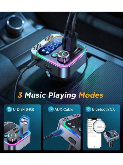 48W Bluetooth Adapter Auto, Bass Hi-Fi Stereo, FM Transmitter Auto Bluetooth 5.0, 30W PD/ 18W QC & Freisprecheinrichtung, Doppelmikrofon & LED-Licht, Bluetooth, AUX & U-Disk-Anschluss