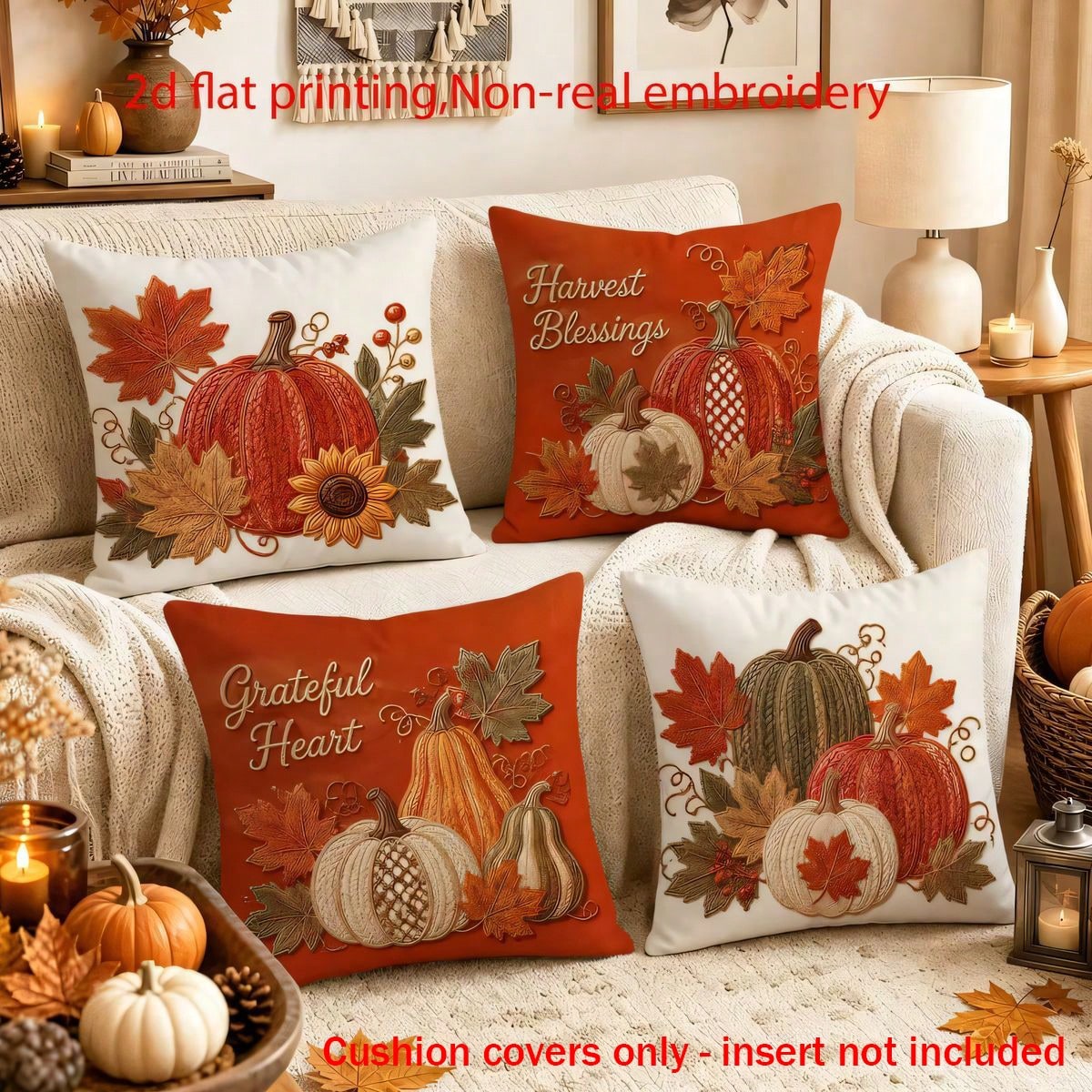 4pcs Autumn Harvest Pumpkin & Sunflower Throw Pillow Covers, Thanksgiving American Autumn Pumpkin & Maple Leaf Print Pattern, Single-Sided 2D Flat Print, Not 3D Realistic Embroidery, 45x45cm (18x18in)