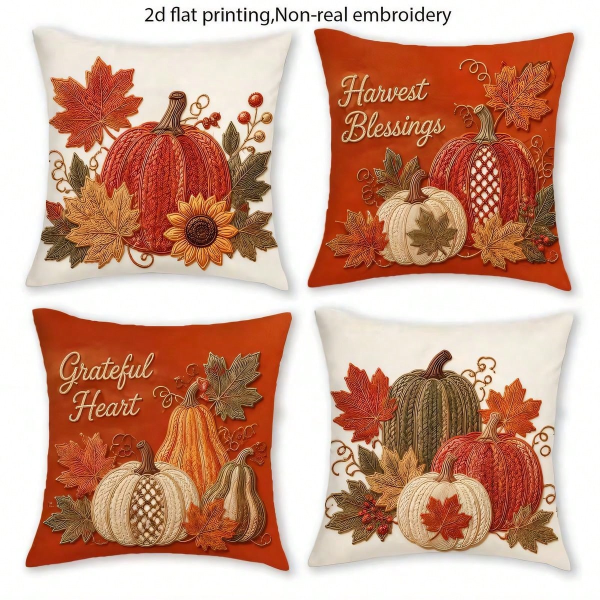4pcs Autumn Harvest Pumpkin & Sunflower Throw Pillow Covers, Thanksgiving American Autumn Pumpkin & Maple Leaf Print Pattern, Single-Sided 2D Flat Print, Not 3D Realistic Embroidery, 45x45cm (18x18in)